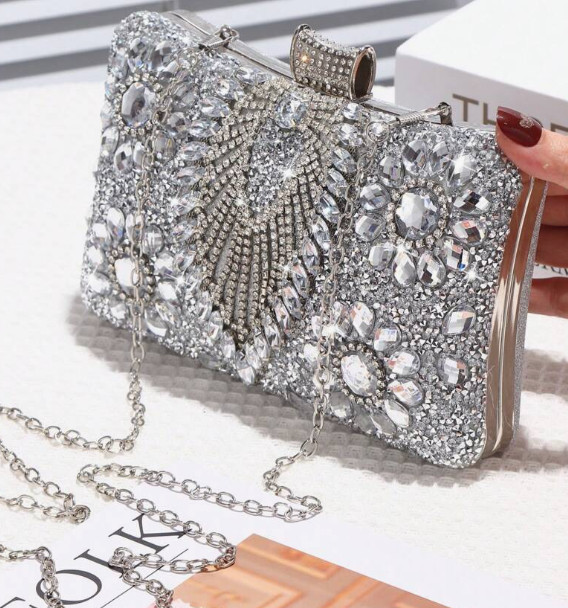 EVENING BAG-Silver w/Silver Jewels Rhinestones Clutch Bag Silver Handle