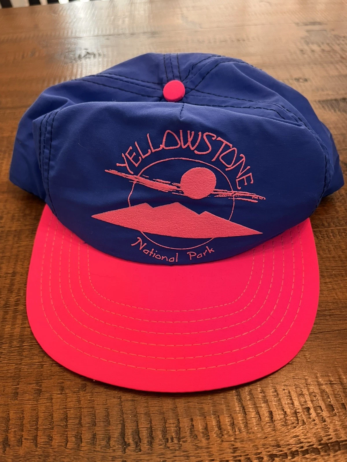 Vintage Yellowstone National Park Mountain Sun Hat Cap Made In USA Blue Pink RAD