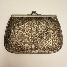 Vintage Bronze Metallic Genuine Leather Kiss Lock Coin Purse Embossed Floral