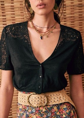 EUC Sezane Embroidered Linen Black Lana T-Shirt XS