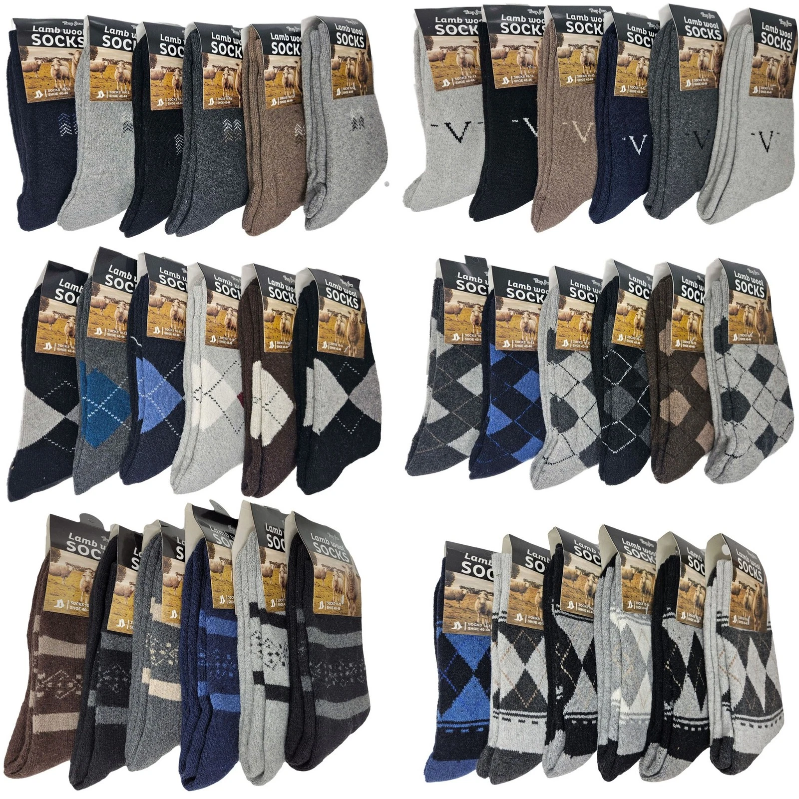 Men Lamb Wool Crew Socks Size 10-13, Argyle Prints, Warm Winter, 6 Pack