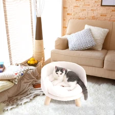 Luxury Cat Bed Soft Warm Plush Fabric Pet Nesting Chair Bed Stool Wood Legs with