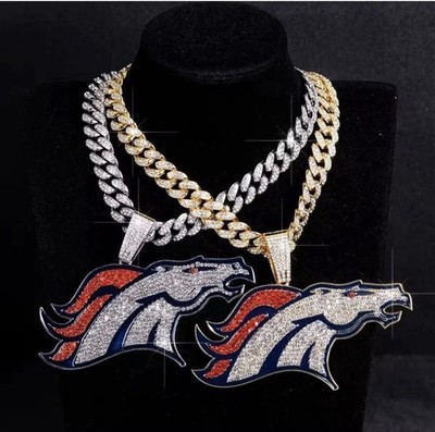 Denver Broncos Gem Chain 24'' Iced Out Pendant Gold Silver NFL Fan Necklace