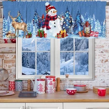 Snowman Christmas Valance Curtain for Kitchen 18"X54" Blue Christmas Decorations