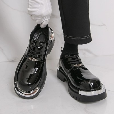 Men's Shiny Leather Platform Thick Sole Metal Big Round Toe Derby Leather Shoes