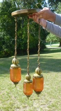 Vtg 1966 Moe Triple Pendant Ceiling Mount Light Fixture Amber Glass M2638-31