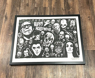 TIM ARMSTRONG. TIM TIMEBOMB. HAPPY HALLOWEEN - BLACK & WHITE FRAMED PRINT. 