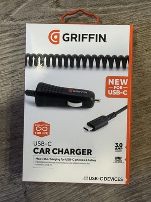 Griffin USB-C Car Charger 3A 15W Cigarette Plug In 3' Coiled Cable in Black