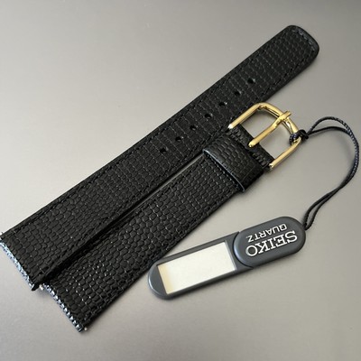 Seiko Men Watch Strap Band  18/15 Gloss Black Leather Extra Thin w/ Buckle JAPAN