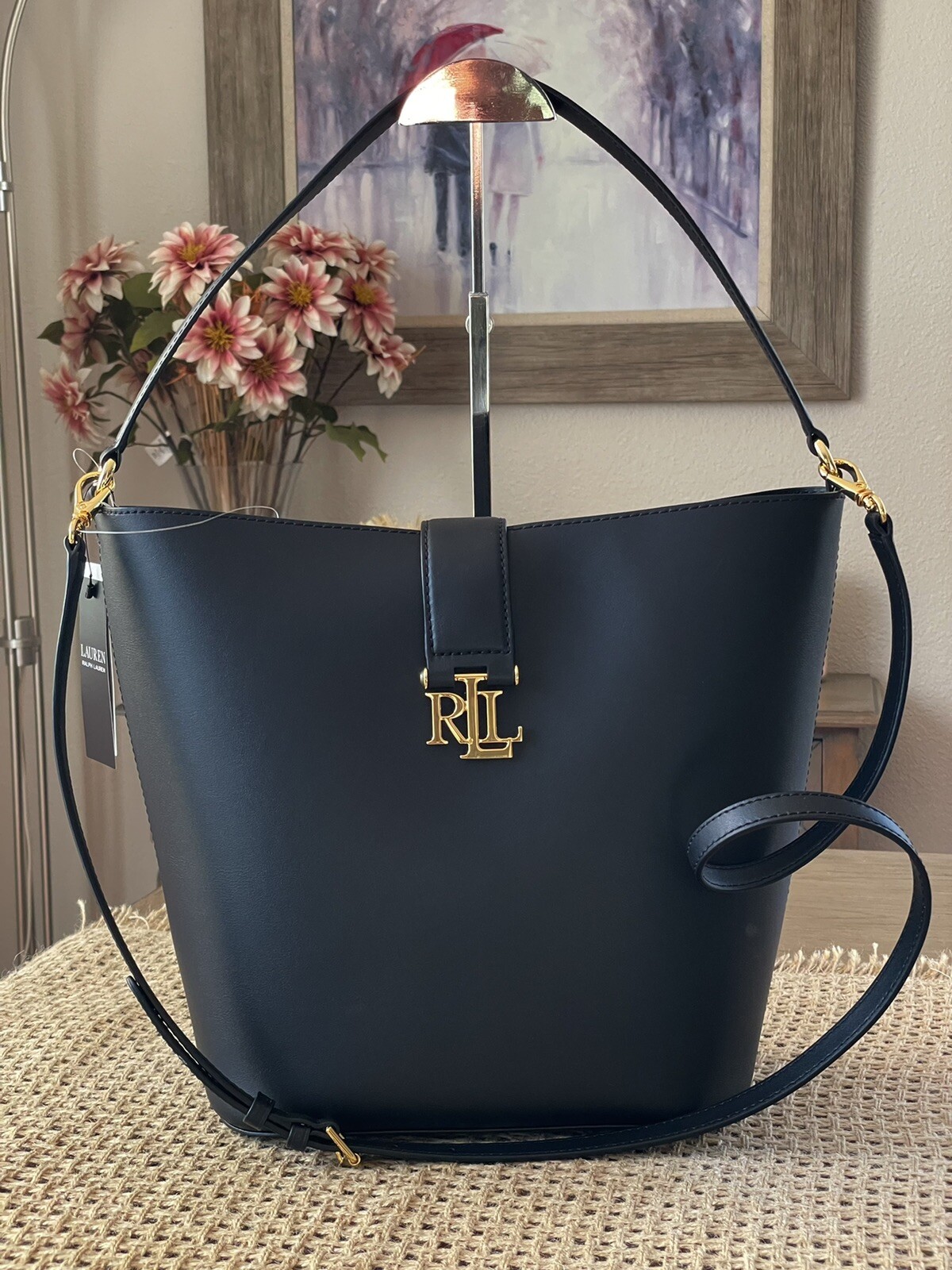 Ralph Lauren Tote Large Hobo Shoulder Bucket Crossbody Leather Bag In Black