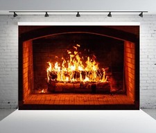 5x3ft Fabric Burning Fireplace Backdrop Firewood Logs Blazing Fire Flaming Wo...