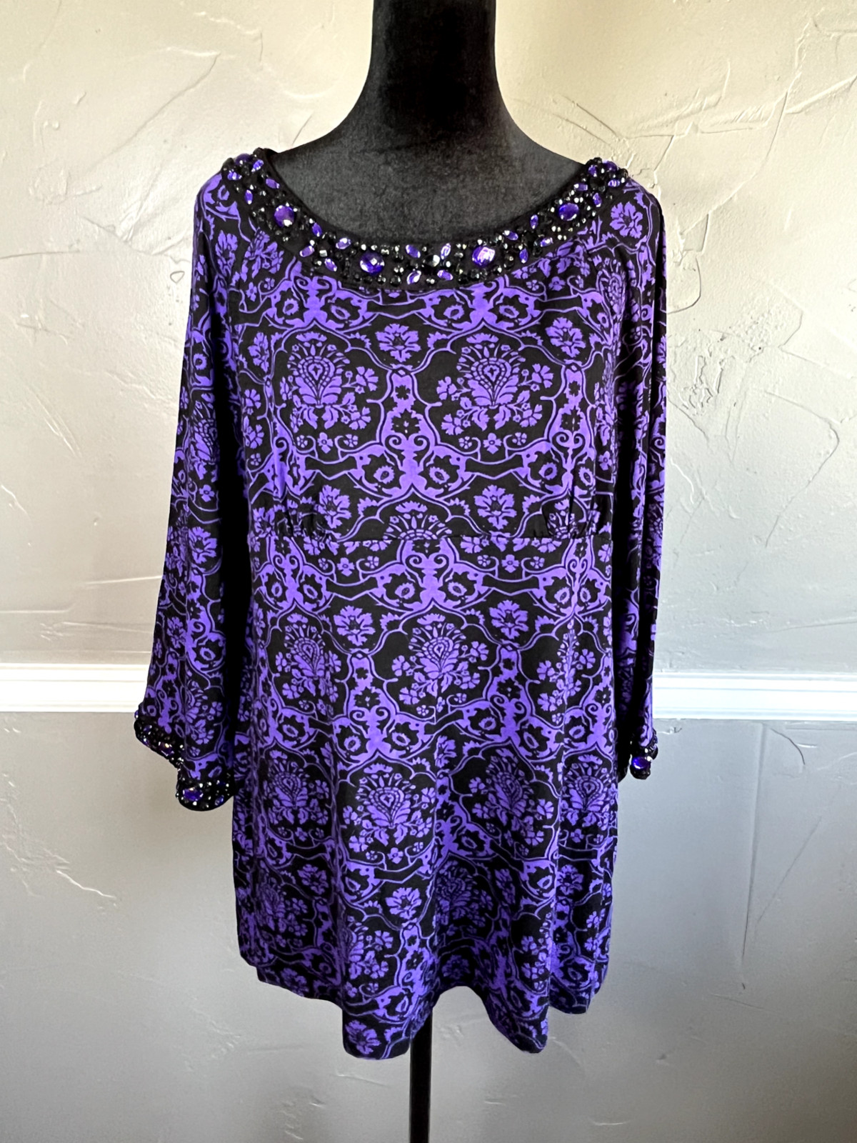 INC Women's Top Size XL Purple & Black Beaded 3/4 Sleeve Stretch NWT