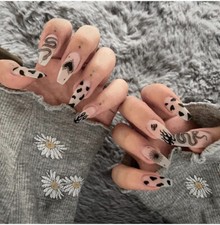 24 Medium Press on nails kit w glue clear frosted matte black snake design goth