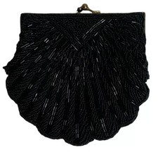 Beaded Purse Vintage Evening Hand Bag Clamshell Black Shell Formal Clutch Retro