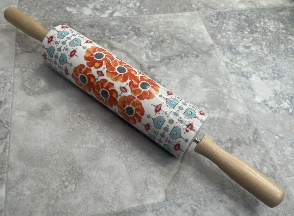 Anthropology Poppy Rolling Pin Roll Roll Roll The Dough Ceramic & Wood 18” VGUC
