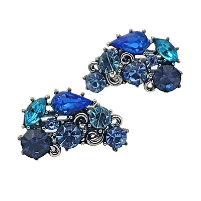 Vintage Lisner Blue Rhinestones Clip Earrings (V-1027)