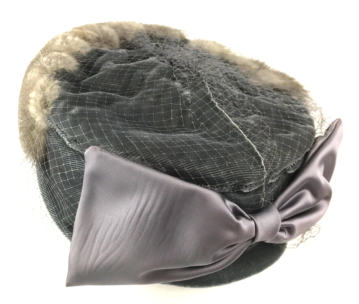 Vintage Womens Pillbox Hat Gray Lavender Lilac Purple Bow Veil Fur