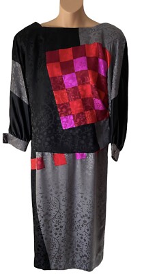 Vintage 80s Custom Made Silk Dress Bold Geometric Floral Print Drape Back SZ 4 