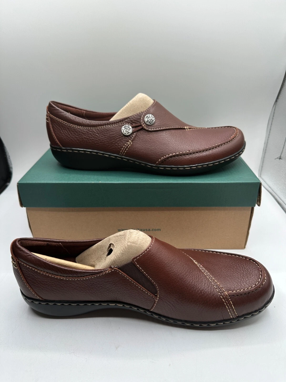 Mocassino donna Clarks Ashland Lane slip on in pelle marrone taglia 12N nuovo con scatola