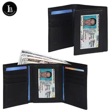 New Mens Black Genuine Leather Trifold Wallet ID Window Credit Card Case Holder