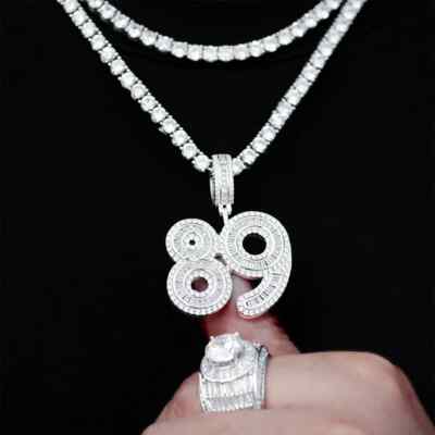 2Ct Baguette Round Cut Natural Moissanite Custom Number 89 Pendant IN 925 Silver