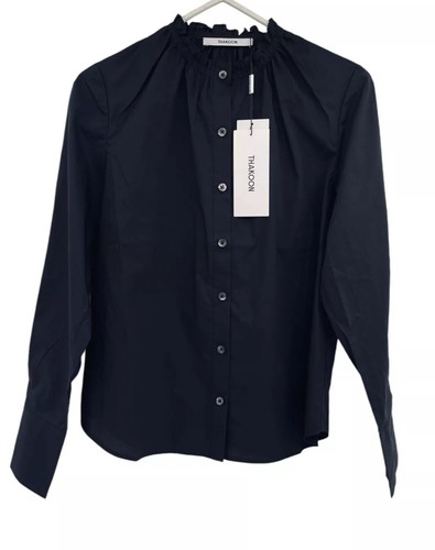 Thakoon Womens Smocked Neck Button Down Blouse Black Long Sleeve Size M NWT