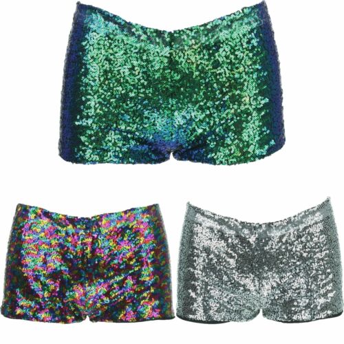 SEQUIN HOT PANTS SPARKLY SHORTS DISCO GLITTER FESTIVAL PARTY PRIDE LOW RISE - Afbeelding 1 van 7