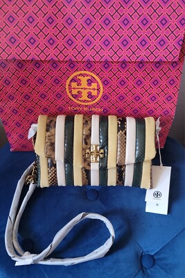 NWT $548 TORY BURCH Kira Chevron Exotic Stripe Chain Wallet Crossbody Handbag