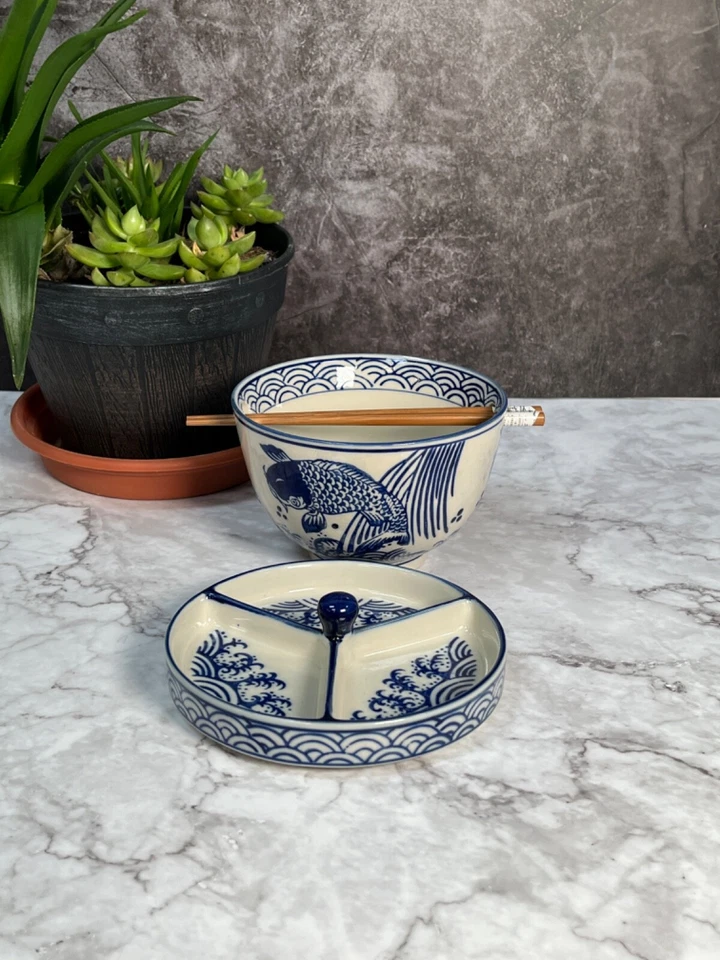 6-дюймовая восточная голубая миска для риса с рыбой кои бежевая керамическая рамен лапша - Изображение 2 из 4