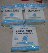 Lot of 3 Scrubzz Rinse Free Bath Sponges 25 Packs Lather, Scrub, Towel Dry