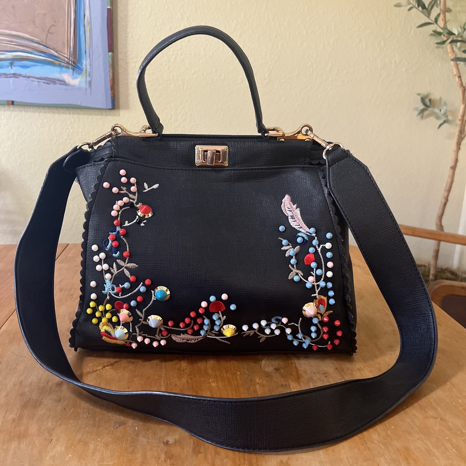 Vegan Leather Embroidered Bead-Studded Handbag by Handbag Republic-image