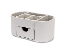OSCO White Faux Leather Desk Organiser with Drawer | Desk Tidy | Pen Holder | Ma