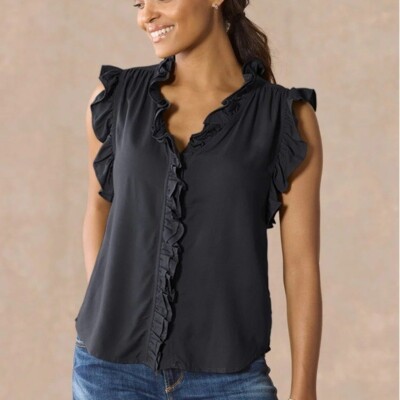 Dylan Women s Milla Ruffle Button Up Top Size Large in Black Sand