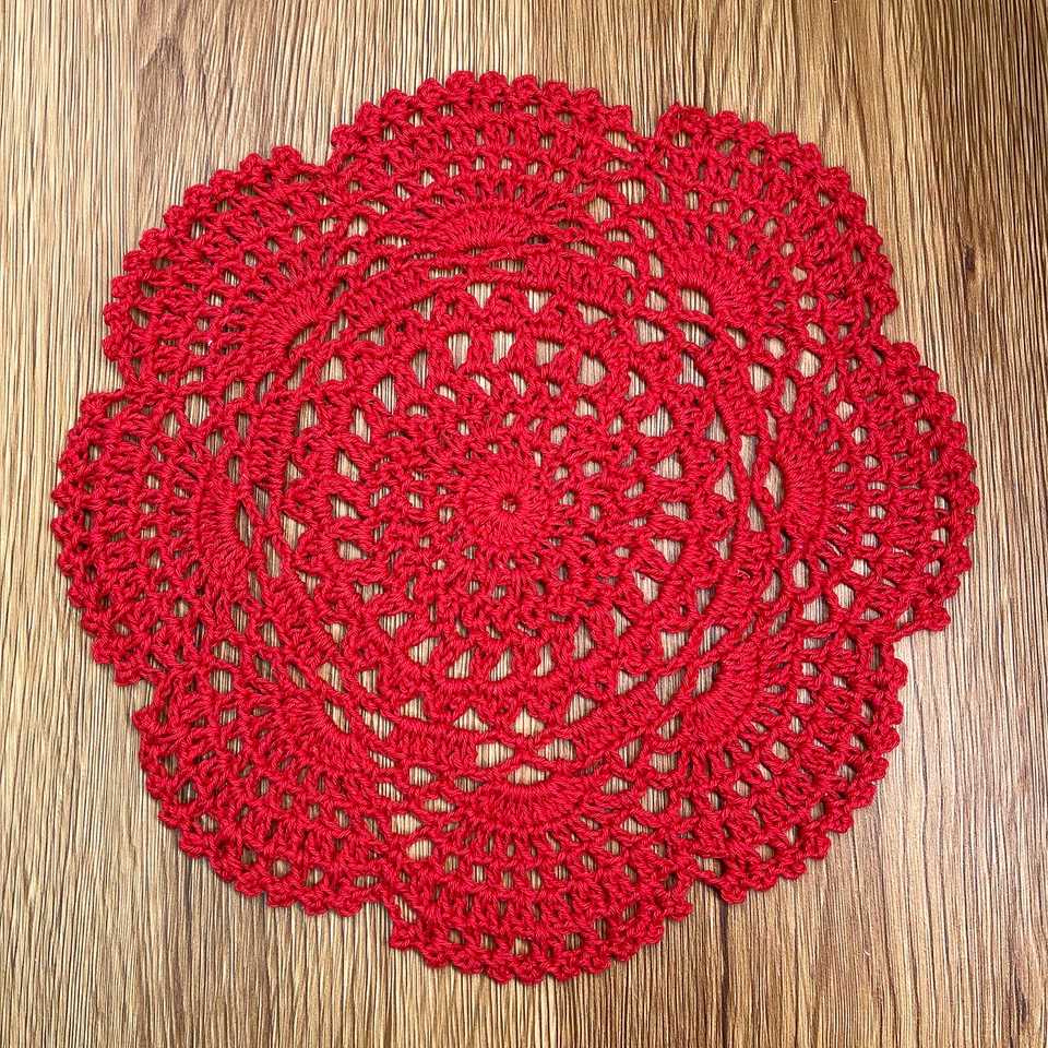 8 Inch Doilies Crochet Round Lace Red Handmade Cotton Coasters, Pack Of 4 - Image 3 of 4