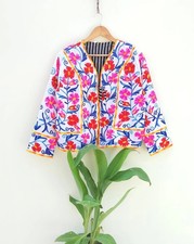 Indien Blanc Suzani Imprimé Veste Handmade Velours Veste Femmes Vêtements Nous