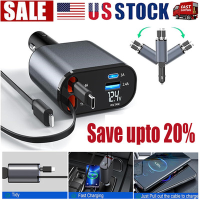 Retractable Car Charger 4 in 1 Fast Car Phone Charger 120W With USB Type C Cable