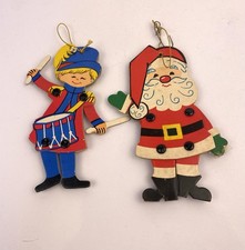 Vintage Flat Moveable Christmas Ornaments Cardboard Santa Claus Drummer Boy