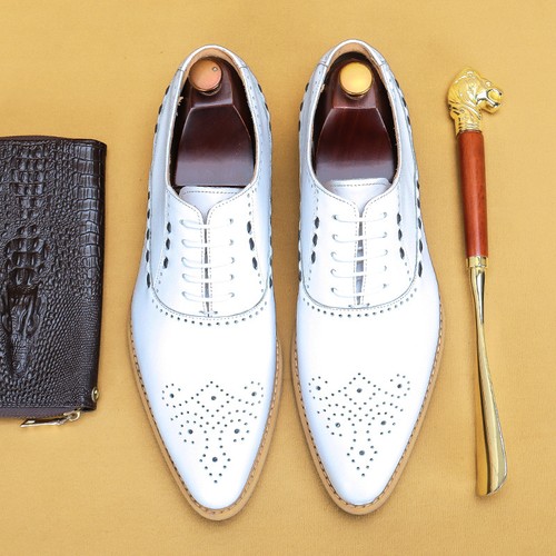 White Wedding Shoes Mens Pointy Toe Carved Formal Dress Business Real Leather Sz - Picture 4 of 13