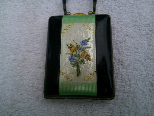 Antique Art Deco Green Guilloche Enamel Purse Locket Compact - Picture 4 of 12