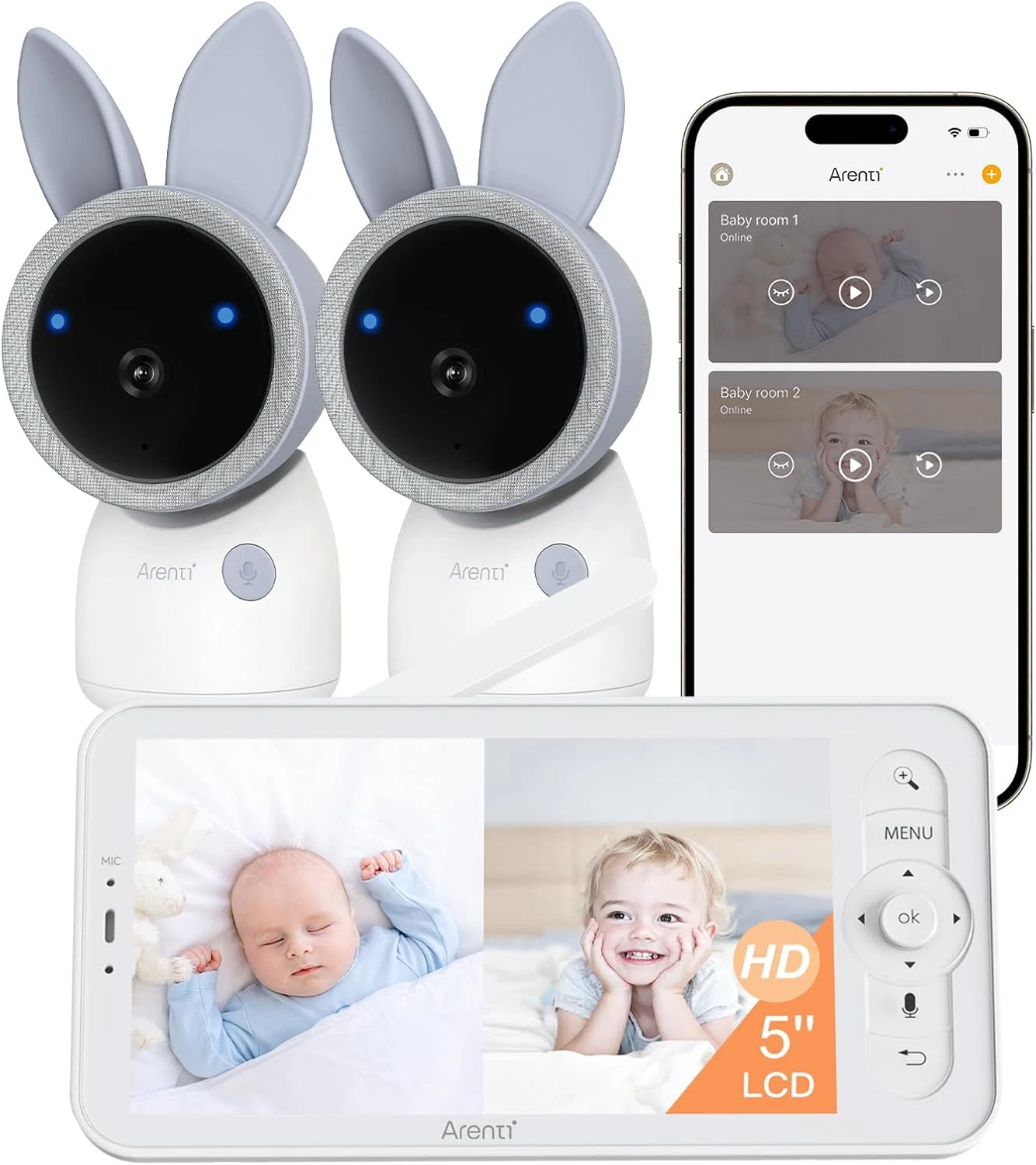 4MP Baby Monitor with 2 Cameras, 5" Screen Video Baby Monitor, Dual-Band 2.4G/5G