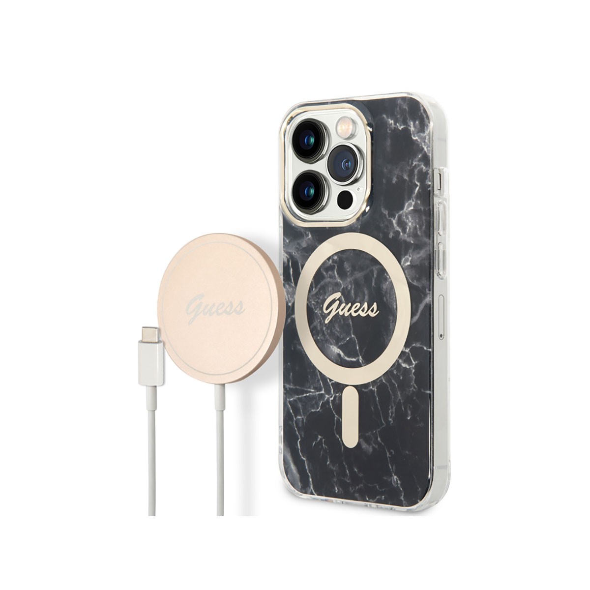 Coque iPhone 14 Pro Marbre Noir et Chargeur Sans Fil 15W - Pack Duo