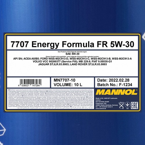 Mannol 7707 Fórmula Fr SAE 5W-30 Aceite de Motor, Api Sn , Acea A5/B5, 10 Litros - Imagen 2 de 3