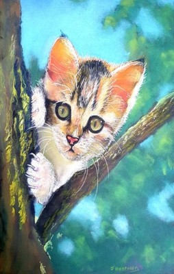 Originales und einzigartiges gerahmtes Pastellgemälde. Title Peek a Boo 34 x 41 cm