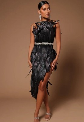 Nova Luxe Katana Mini Dress Black Feathers Size Small Midi Asymmetrical