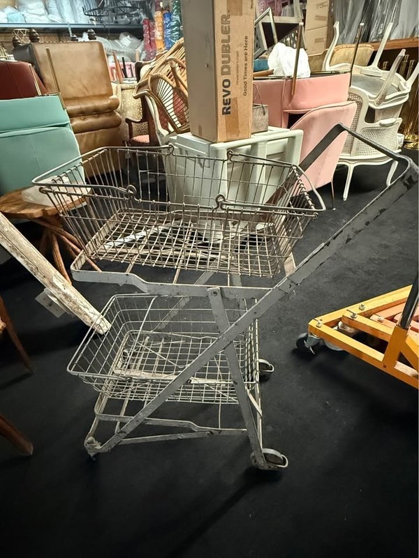 Antique/Vintage Folding Metal Shopping Cart On Wheels With (2) Baskets