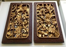 Pair Chinese Oriental Carved Wooden Panels Birds Flowers