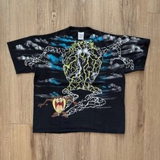 Vintage 90's Taz Lightning Shadow All Over Print AOP T-Shirt Size XL Cartoon