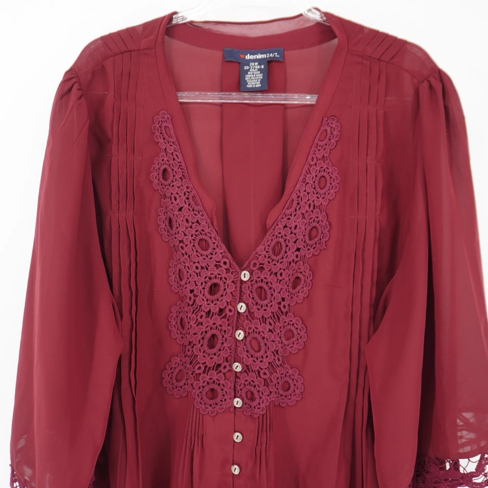 Blusa Top Transparente Denim 24/7 Borgoña Plisada Encaje Mangas 28W Capricho Foto 4 de 4