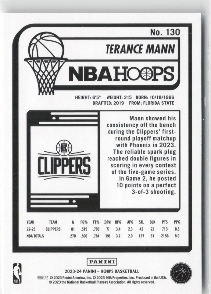 2023-24 Hoops #130 Terance Mann - Image 2 of 2