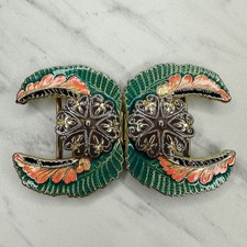 Vintage Two Piece Interlocking Enamel Leaf Floral Belt Buckle Gold Tone